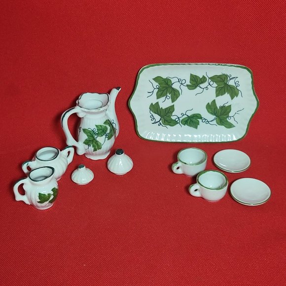 VTG Miniature Teapot Set Ivy Green Leaves 10 Pc - Picture 4 of 15